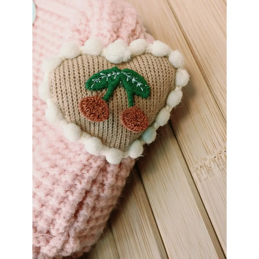 Mebear Infant Pink Knit Beanie Hat Heart Cherry Embroidery Braided Pom Poms NEW